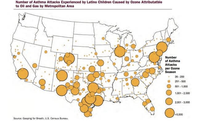 Image: US map of asthma attacks experienced by Latino children caused by Ozone attributable to oil and gas.