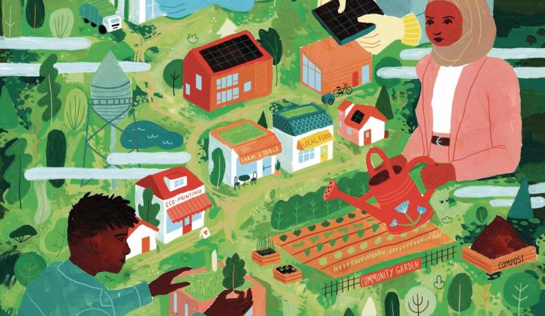 illustration of people of different ages, races, and ethnicities working together to build a mini model of a city. The city has renewable energy, community gardens, a library, and a farmers market.