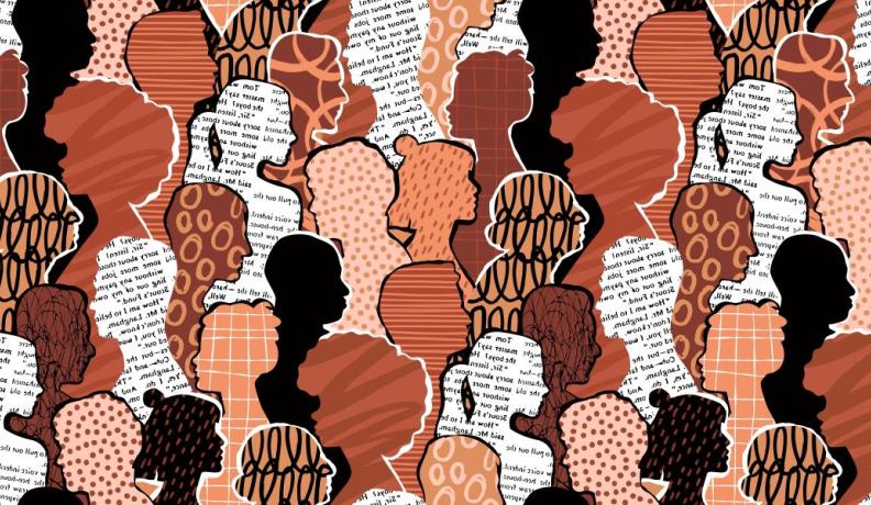 abstract illustration of people profiles in a pattern.