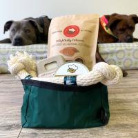 bag of dog toys from what's good in front of two dogs lying on a dog bed