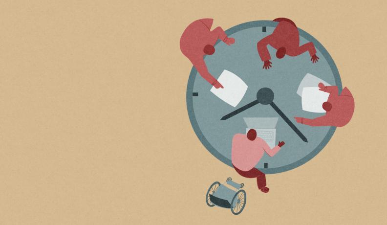 a conceptual illustration. It's a birds eye view of four people sitting around a table looking at papers and discussing. The table has hands like a clock.