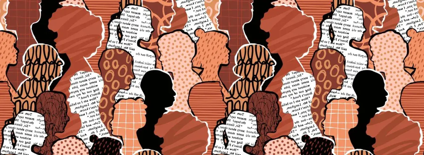 abstract illustration of people profiles in a pattern.